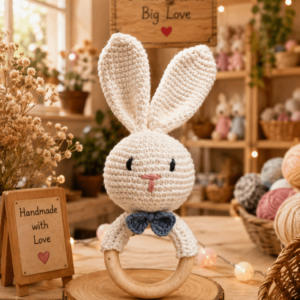 Handmade Crochet Bunny Rattle & Teether Crochet Bunny Toy, Natural Wool Music Shaker for Hand Grips, First Gift for Boy Girl, Rabbit 1 PCS Combo, Wood
