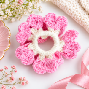 Home pastel pink crochet flower scrunchie