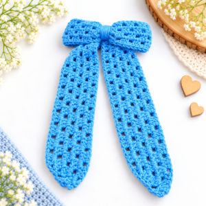 Home sky blue crochet bow flatlay